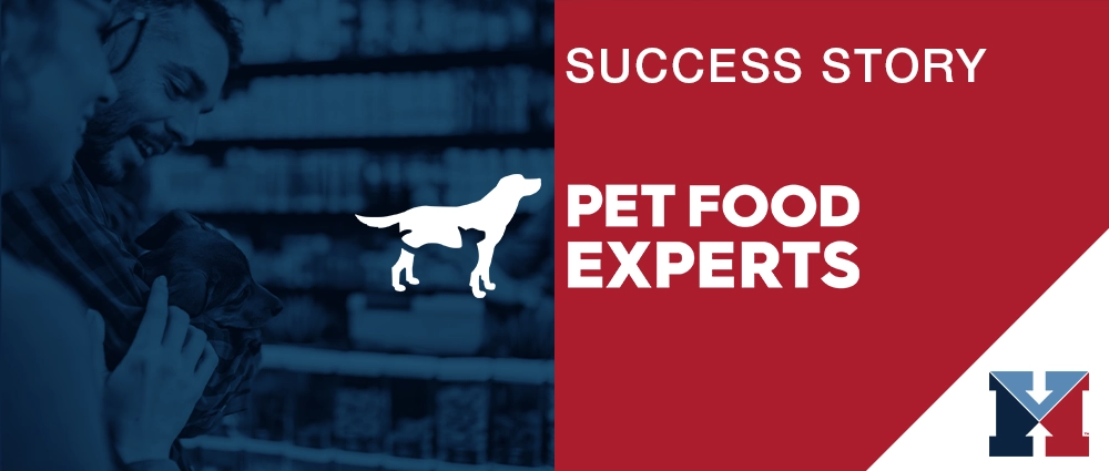 Pet food store image with blue overlay and red rectangle on the right that reads Success Story: Pet Food Experts